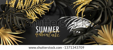 Summer adventure banner.Beautiful Background with black,white and golden tropical leaves. Vector illustration for website , posters,ads, coupons, promotional material