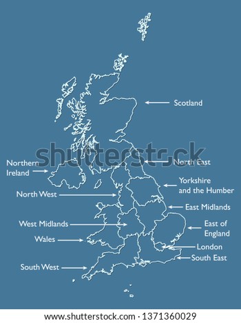 United Kingdom or UK map outline vector with region names on blue background illustration