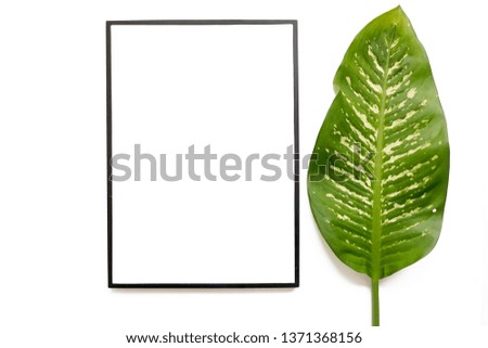 
black frame mockup with leaves. Poster product design styled. Empty frame 