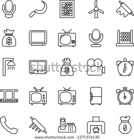 Thin Line Icon Set - alarm clock vector, abacus, money bag, sickle, film frame, tv, video camera, microphone, call, office phone, fireplace, rolling pin, outdoor lamp, fridge, windmill