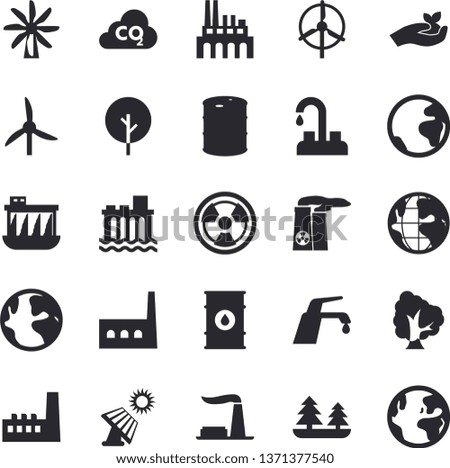 Solid vector icon set - faucet flat vector, tree, seedlings, solar battery, windmill, factory, oil tanks, forest, hydroelectric power station, manufactory, plant, radiation, carbon dioxide, earth
