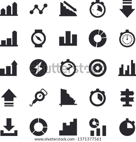 Solid vector icon set - spring balance flat vector, stopwatch, crisis, chart, statistics, scatter, statistic, clircle diagram, lightning, achievement, target, pointer fector, compass, download