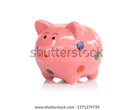 Pink ceramic piggy bank on white background, saving money concept 