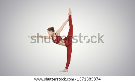 Yoga pose, woman doing stretching legs, leg split on gradient background.