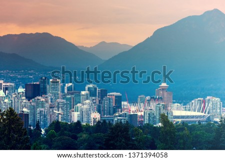 Vancouver city buildings and skyline at night. British Columbia, Vancouver, Canada