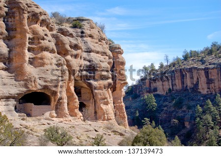 The Gila Cliff dwellings are featured in the Gila National Monument in southern New Mexico. Royalty-Free Stock Photo #137139473