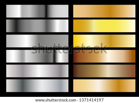 silver and gold foil texture gradation background set. Vector golden elegant, shiny and metalic gradient collection for chrome border, frame, ribbon, label design