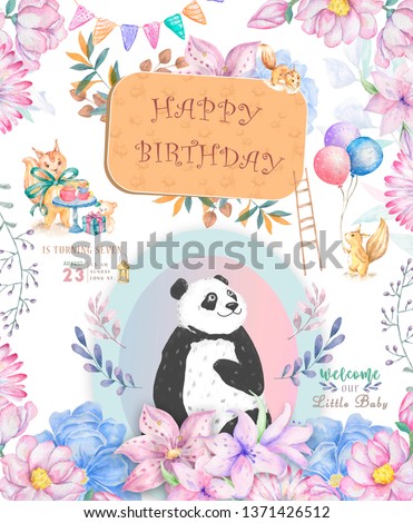 Happy Birthday card design with cute panda bear and boho flowers and floral bouquets illustration. Watercolor clip art for greeting, invite celebration card. Funny asian bear. Zoo card
