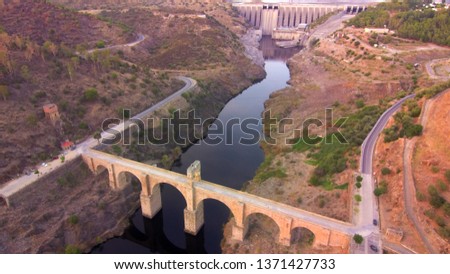 The Alcántara Bridge. Roman bridge at Alcántara, in Extremadura, Spain. Drone Photo