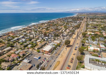 Aerial of Encinitas California along the Pacific Ocean coastline Royalty-Free Stock Photo #1371450134