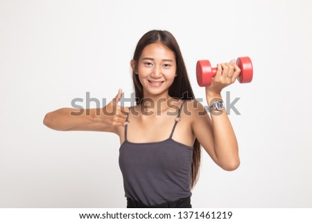Healthy Asian woman thumbs up with dumbbells on white background