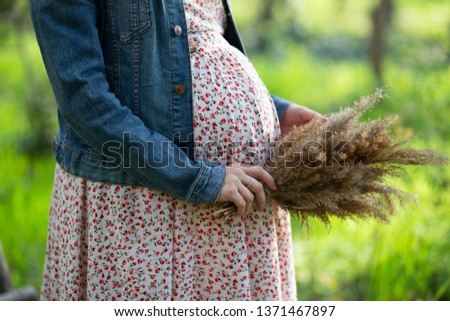 Pregnant woman holding yellow grasses in the park Royalty-Free Stock Photo #1371467897