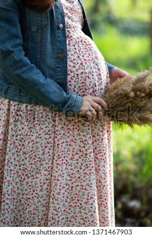 Pregnant woman holding yellow grasses in the park Royalty-Free Stock Photo #1371467903