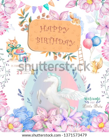 Cute happy birthday card with cartoon Pegasus. Watercolor fairy clip art and beauty boho pink flowers, floral. lamp light and leaf for greeting card on white background