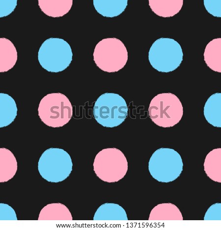 Bright polka dot painted by watercolour brush. Color seamless pattern. Sketch, watercolor, grunge. Simple vector illustration. Black, pink, blue.