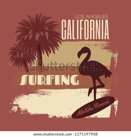 Vector placard with hand drawn silhouette of flamingo on surfboard isolated. Template for card, poster. banner, print for t-shirt, pin, badge, patch.