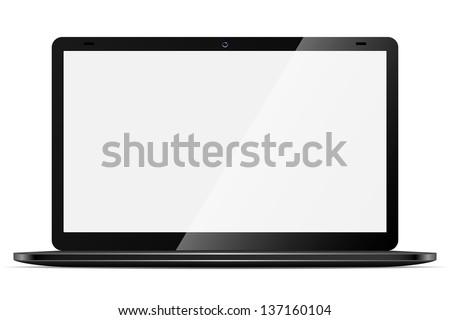 Modern black thin laptop with blank screen isolated on white background.