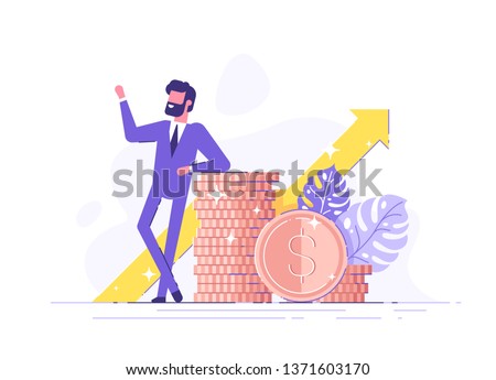 Financial consultant leaning on a stack of coins smiles friendly and waves with hand. Successful investor or entrepreneur. Financial consulting, investment and savings. Modern vector illustration. Royalty-Free Stock Photo #1371603170