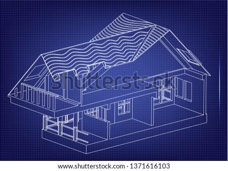 Drawing of the house on a blue background. 3d