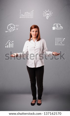 beautiful young woman standin and juggling with statistics and graphs