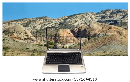 Panorama of Dinosaur National Monument and Laptop Computer, Concept of Using the Internet for Education