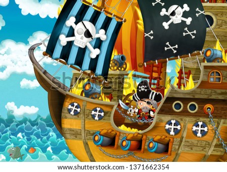 cartoon scene with pirate ship sailing through the seas with scary pirates - deck is burning during battle - illustration for children