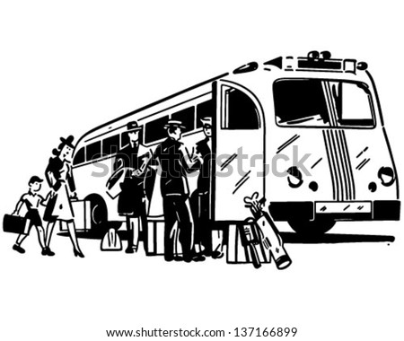 Passengers Boarding Bus - Retro Clip Art Illustration
