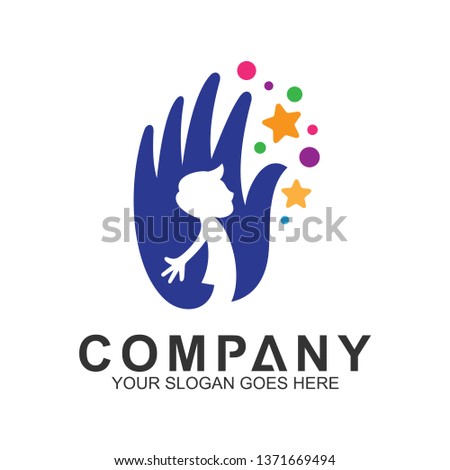 Creative Kids Logo,Family Care Logo,Hand With Kid Silhouette Inside And Colorful Stars And Bubbles