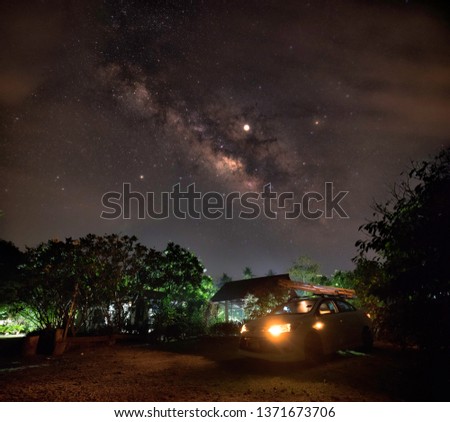 cloudy and milky way at home garden and car in the garden starry night 