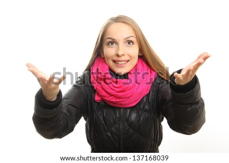 Winter girl portrait isolated on white background.