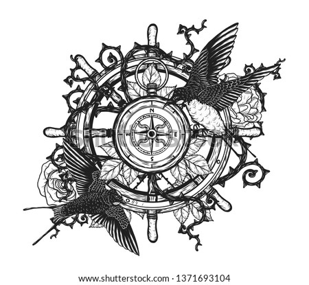 swallows with steering wheel vector tattoo by hand drawing.Beautiful bird on compass and rose background.Black and white graphics design art highly detailed in line art style.Swallows for tattoo