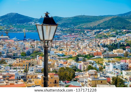 Greece Syros island panoramic view of main capitol with sea in background Syros is located in Cyclades