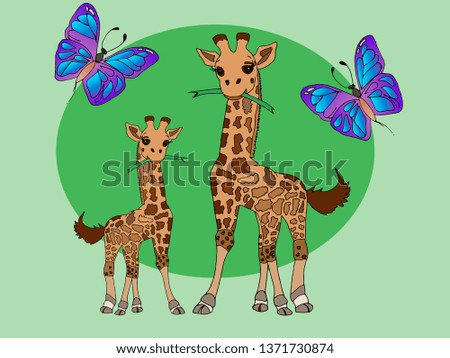 giraffe eating grass and flying butterflies