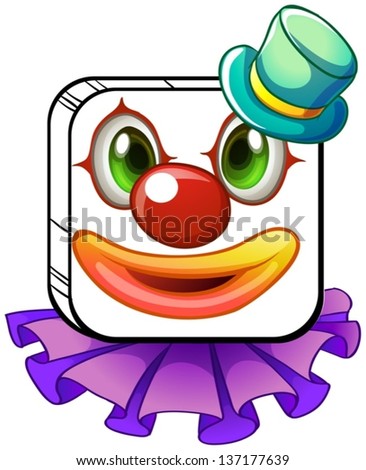 Illustration of a square-shaped face of a clown with a violet collar on a white bakground