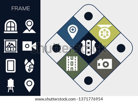 frame icon set. 13 filled frame icons.  Collection Of - Shield, Canvas, Placeholder, Mirror, Dog, Image gallery, Camera, Window, Reel, Strip, Photo camera