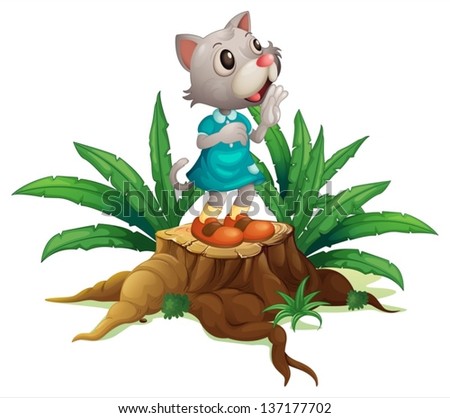 Illustration of a cat standing on a stump with leaves  on a white background