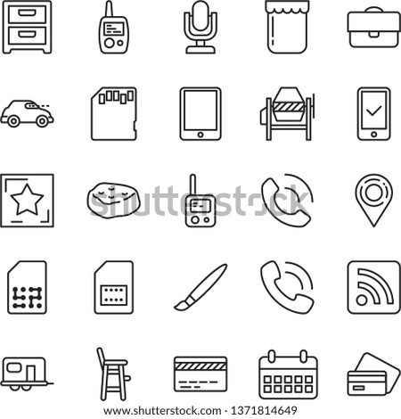 thin line vector icon set - tassel vector, desktop microphone, bank card, rss feed, toy phone, mobile, a chair for feeding child, concrete mixer, nightstand, call, piece of meat, jam, retro car, SIM