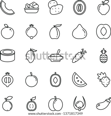 thin line vector icon set - canned goods vector, a bowl of buckwheat porridge, lettuce in plate, carrot, pineapple, orange slice, apple, grape, red, fig, medlar, half, blueberry, melon, mango, peach