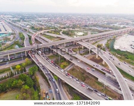 Aerial view city traffic road with transport vehicle
