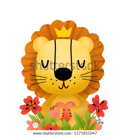 Hand drawn cute lion portrait with heart and flowers isolated on white. Children's clipart for cards, posters and others.