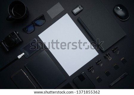 Top view and flat lay of the table art creative graphic designer . Black and white still life concept .