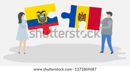 Couple holding two puzzles pieces with Ecuadorian and Moldovan flags. Ecuador and Moldova national symbols together.