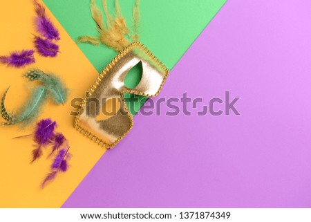 Festive mask with feathers on color background