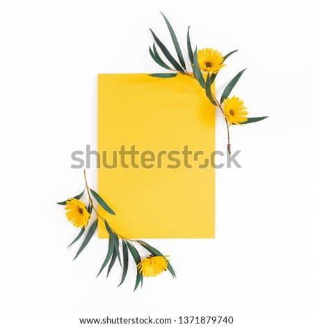 Yellow paper blank, flowers, eucalyptus branches on white background. Flat lay, top view, copy space, square