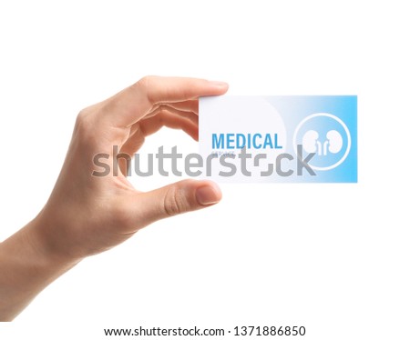 Woman holding medical business card isolated on white, closeup. Nephrology service