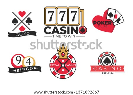 Gambling poster of casino and poker logotypes on white. Vector colorful banner in flat design of cards piles, playing cubes, aces and gaming tables. Emblems of entertaining establishments