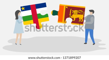 Couple holding two puzzles pieces with Central African and Sri Lankan flags. Central African Republic and Sri Lanka national symbols together.