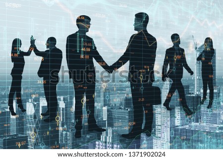 Crowd of businesspeople silhouettes standing on city background with forex chart. Teamwork and stats concept. Double exposure 