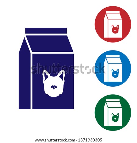 Blue Bag of food for dog icon isolated on white background. Food for animals. Pet food package. Set color icon in circle buttons. Vector Illustration