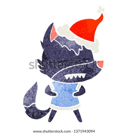 hand drawn retro cartoon of a wolf showing teeth wearing santa hat